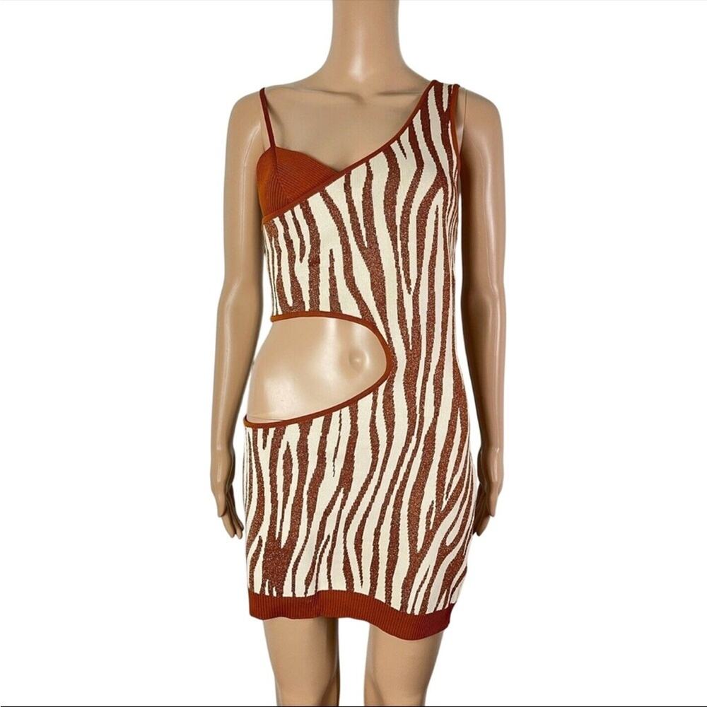 Retrofête Dimi Zebra Print One Shoulder Cutout Metallic Knit Bodycon Mini Dress